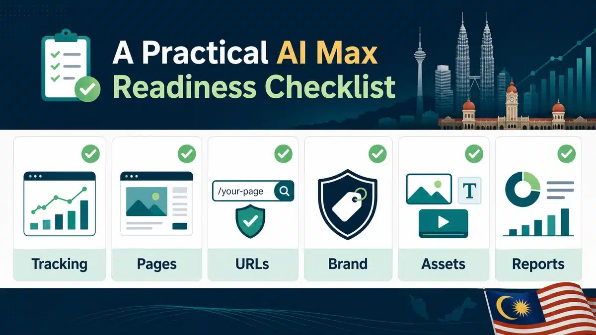 AI Max readiness checklist covering tracking, pages, URLs, brand controls, assets and reports