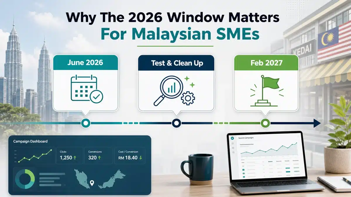 Timeline showing June 2026 testing, cleanup period and February 2027 migration planning for Malaysian SMEs
