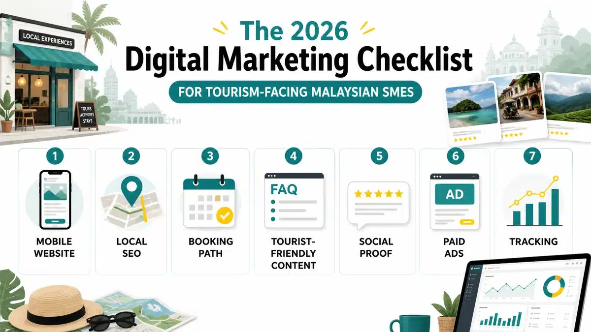 Seven-panel checklist covering mobile website, local SEO, booking path, tourist-friendly content, social proof, paid ads, and tracking
