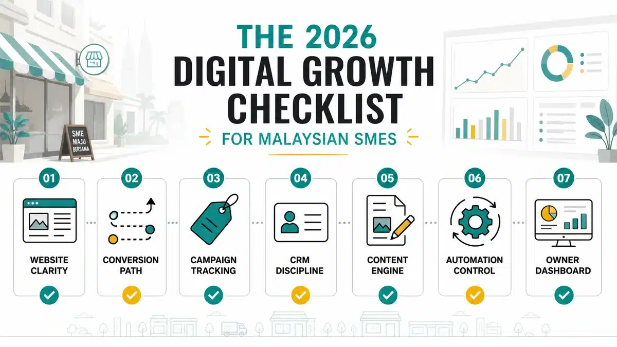 Seven-panel checklist covering website clarity, conversion path, campaign tracking, CRM discipline, content engine, automation control, and owner dashboard