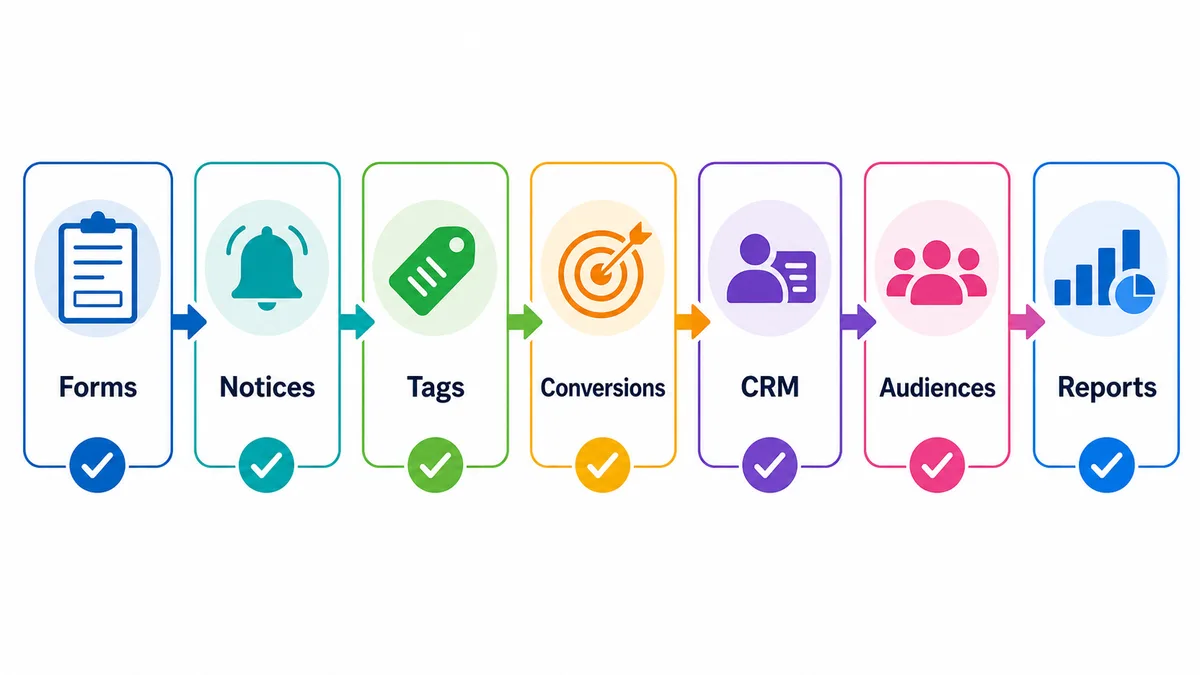 Checklist infographic for SME marketing data audit covering forms, notices, tags, conversions, CRM, audiences, and reports
