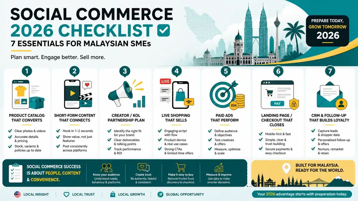 Seven-panel checklist covering product catalog, short-form content, creator plan, live shopping, paid ads, landing page, and CRM follow-up