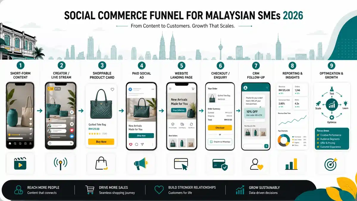 Flow diagram showing short-form content, creator live stream, shoppable product card, paid social ad, landing page, checkout, CRM, reporting, and optimization