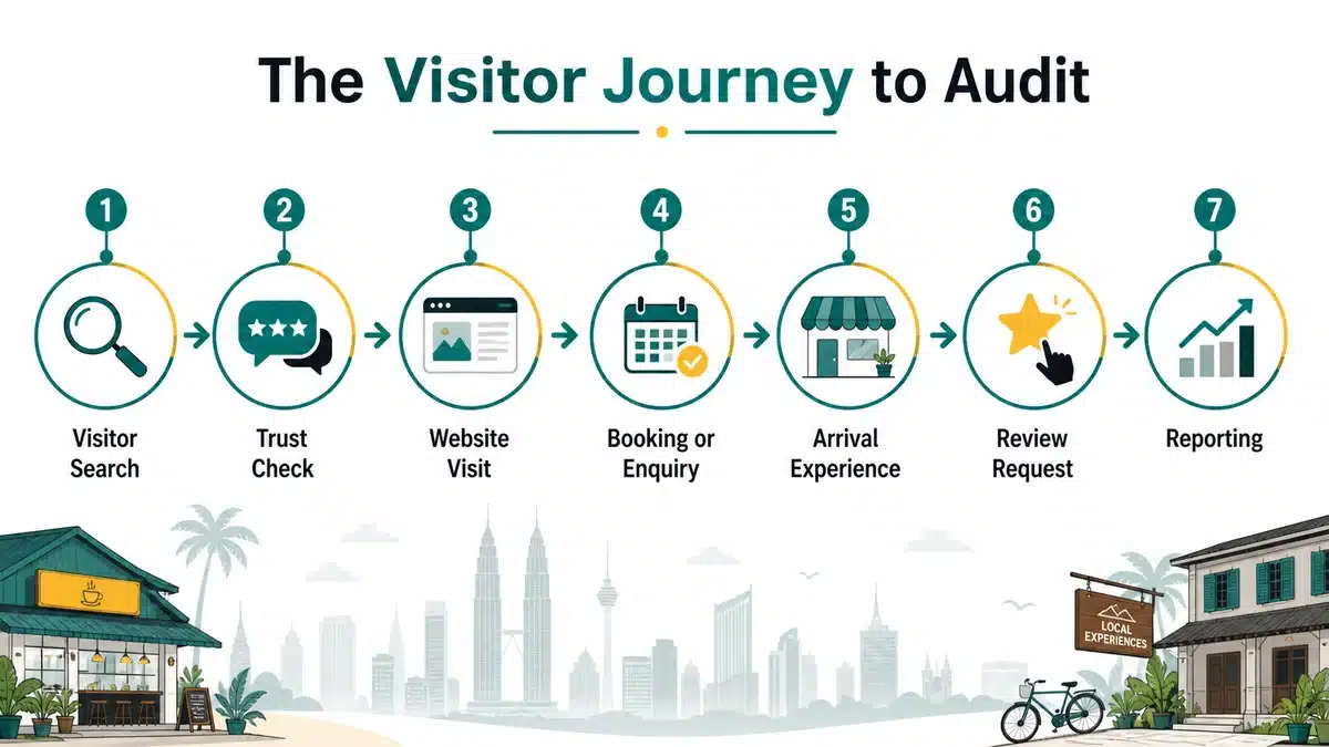 Flow diagram showing visitor search, trust check, website visit, booking or enquiry, arrival experience, review request, and reporting