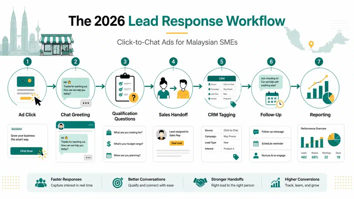 Workflow showing ad click, chat greeting, qualification questions, sales handoff, CRM tagging, follow-up, and reporting
